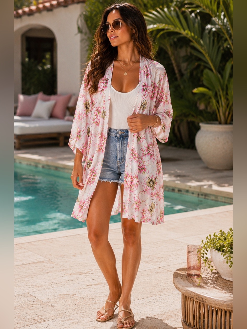NEW SHOW ME YOUR MUMU Pink Floral Kimono Robe Swim Cover-Up Resortwear Lounge